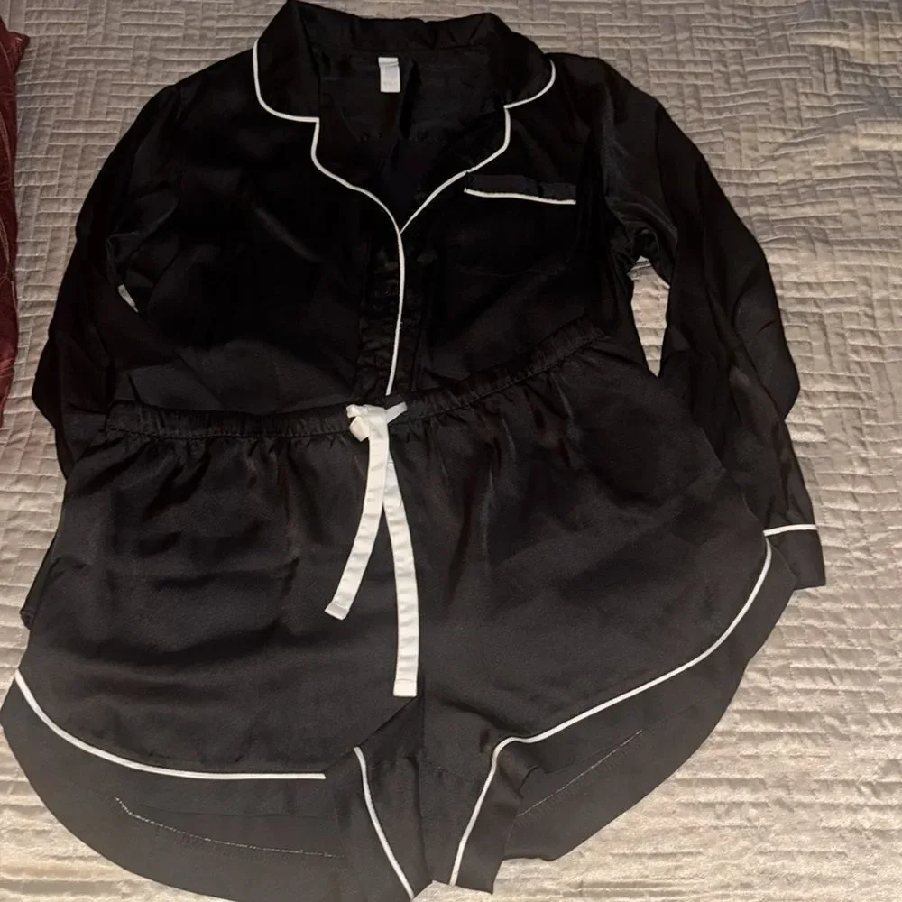 Stars Above Black Pajama Set with White Piping